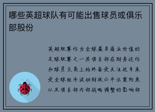哪些英超球队有可能出售球员或俱乐部股份