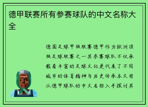 德甲联赛所有参赛球队的中文名称大全