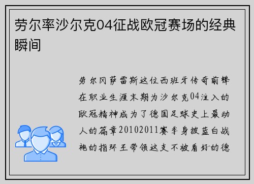 劳尔率沙尔克04征战欧冠赛场的经典瞬间