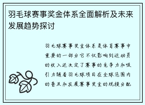 羽毛球赛事奖金体系全面解析及未来发展趋势探讨